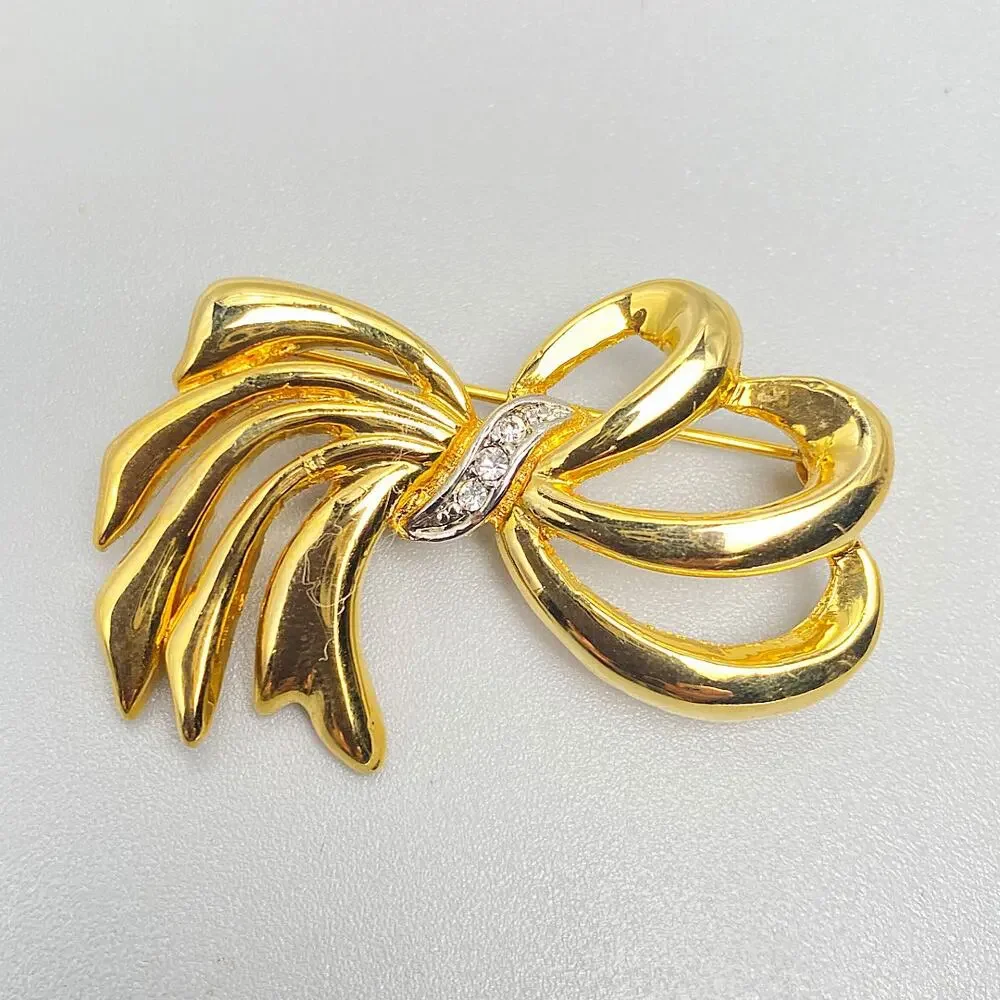 Swarovski Gold Crystal Bow Brooch Signed 2